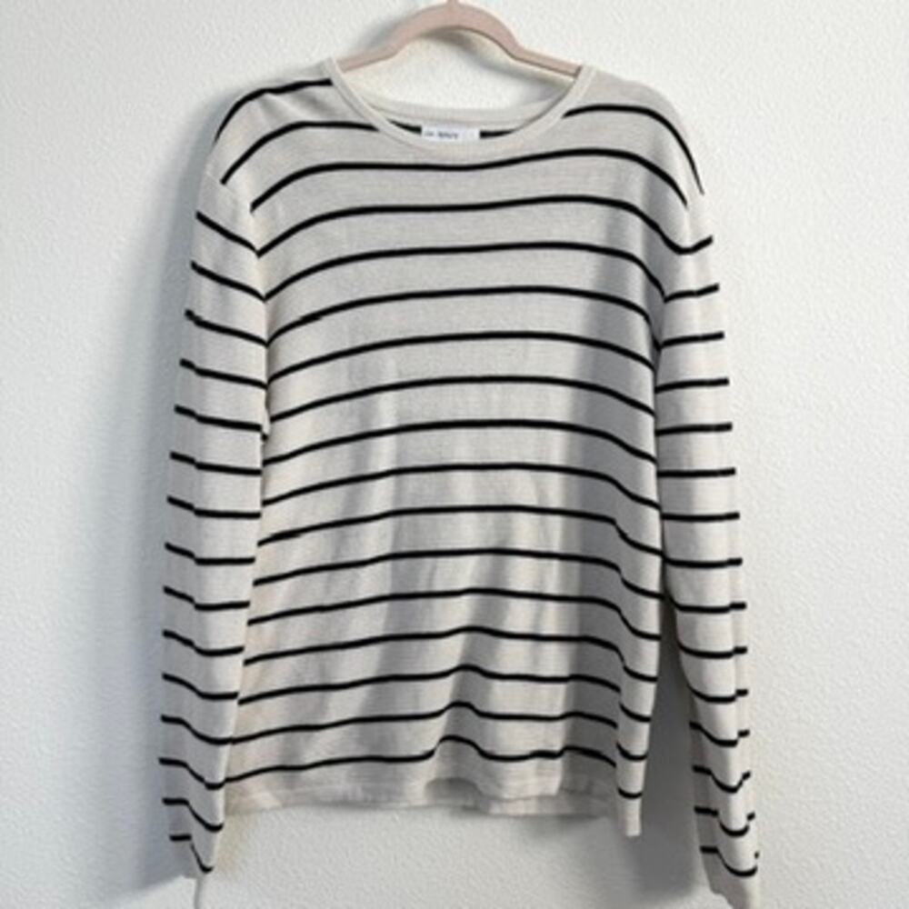 CALIBRATE Stripe Sweater Cotton Silk Cashmere Knit‎ Ivory Navy Crewneck L